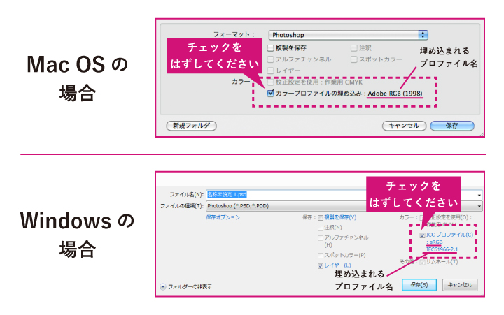 カラープロファイルの埋め込みのチェックを外す